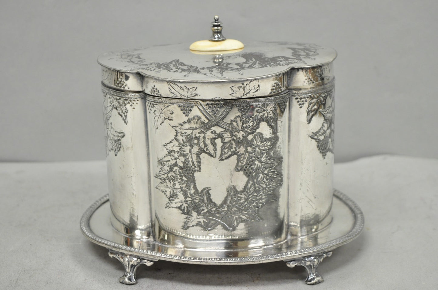Antique Victorian Silver Plated Etched Footed Hinged Biscuit Barrel Jar on Stand