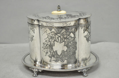 Antique Victorian Silver Plated Etched Footed Hinged Biscuit Barrel Jar on Stand