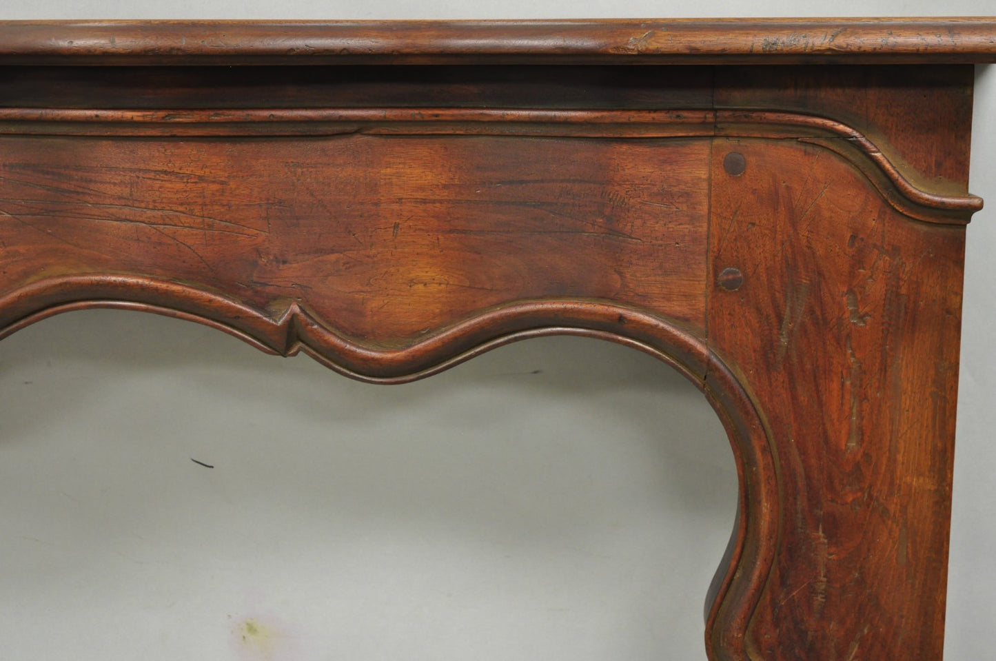 Antique Italian Provincial Carved Serpentine Scalloped Walnut Fireplace Mantel