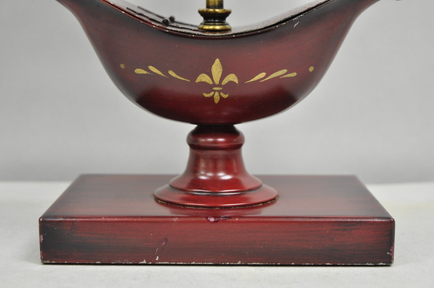 Vintage French Empire Red Painted Tole Metal Bouillotte Desk Table Lamp w/ Shade