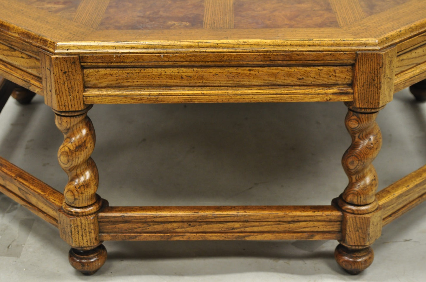 Vintage Baker Barley Twist Oak & Burlwood Parquetry Octagonal Coffee Table