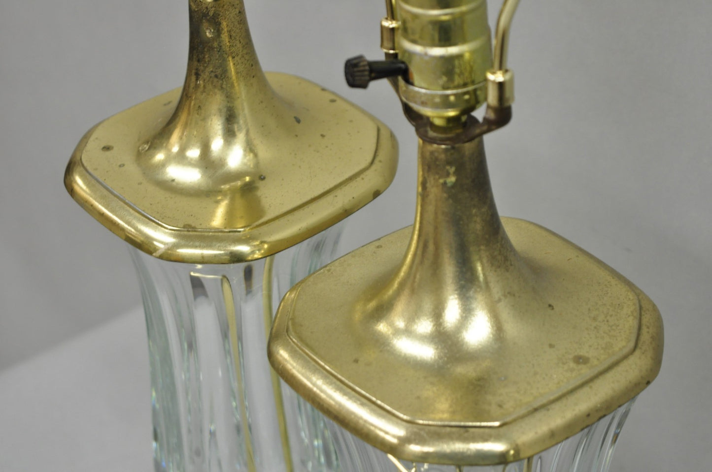 Vintage Cofrac Art Verrier French Leaded Crystal Glass & Brass Table Lamps, Pair