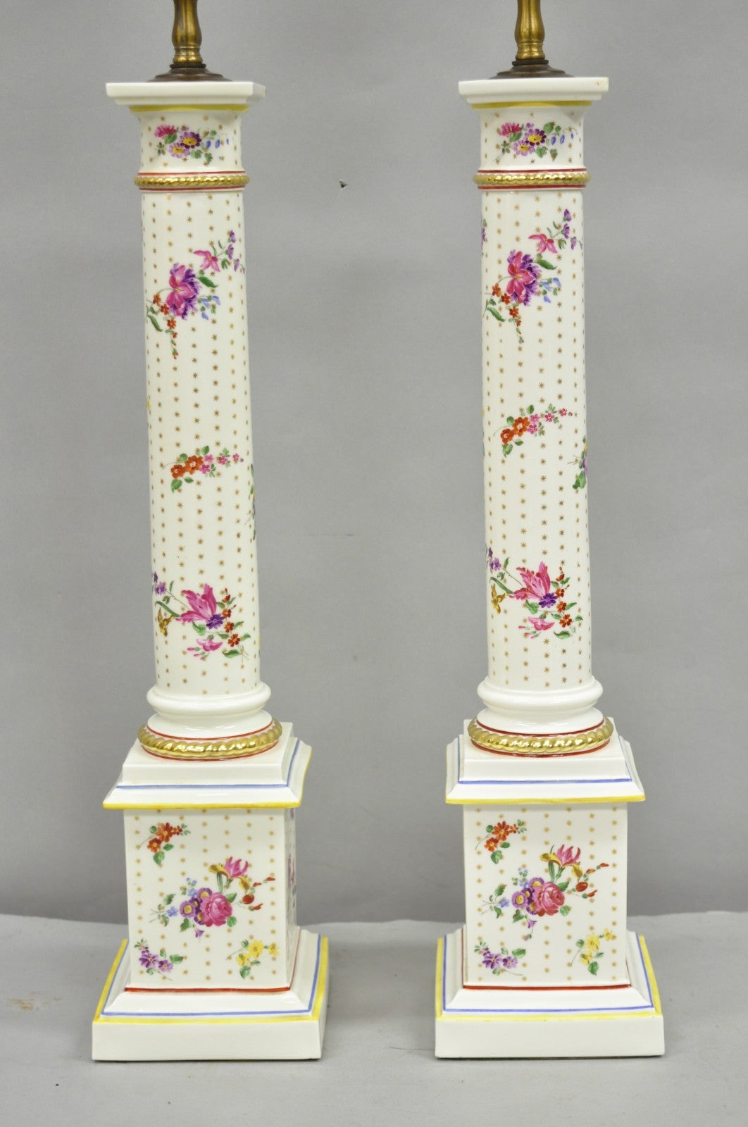Vintage Victorian French Porcelain Column Table Lamps w Painted Flowers - a Pair