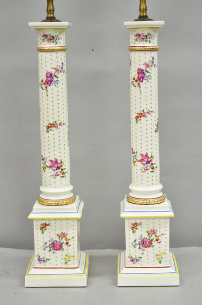 Vintage Victorian French Porcelain Column Table Lamps w Painted Flowers - a Pair