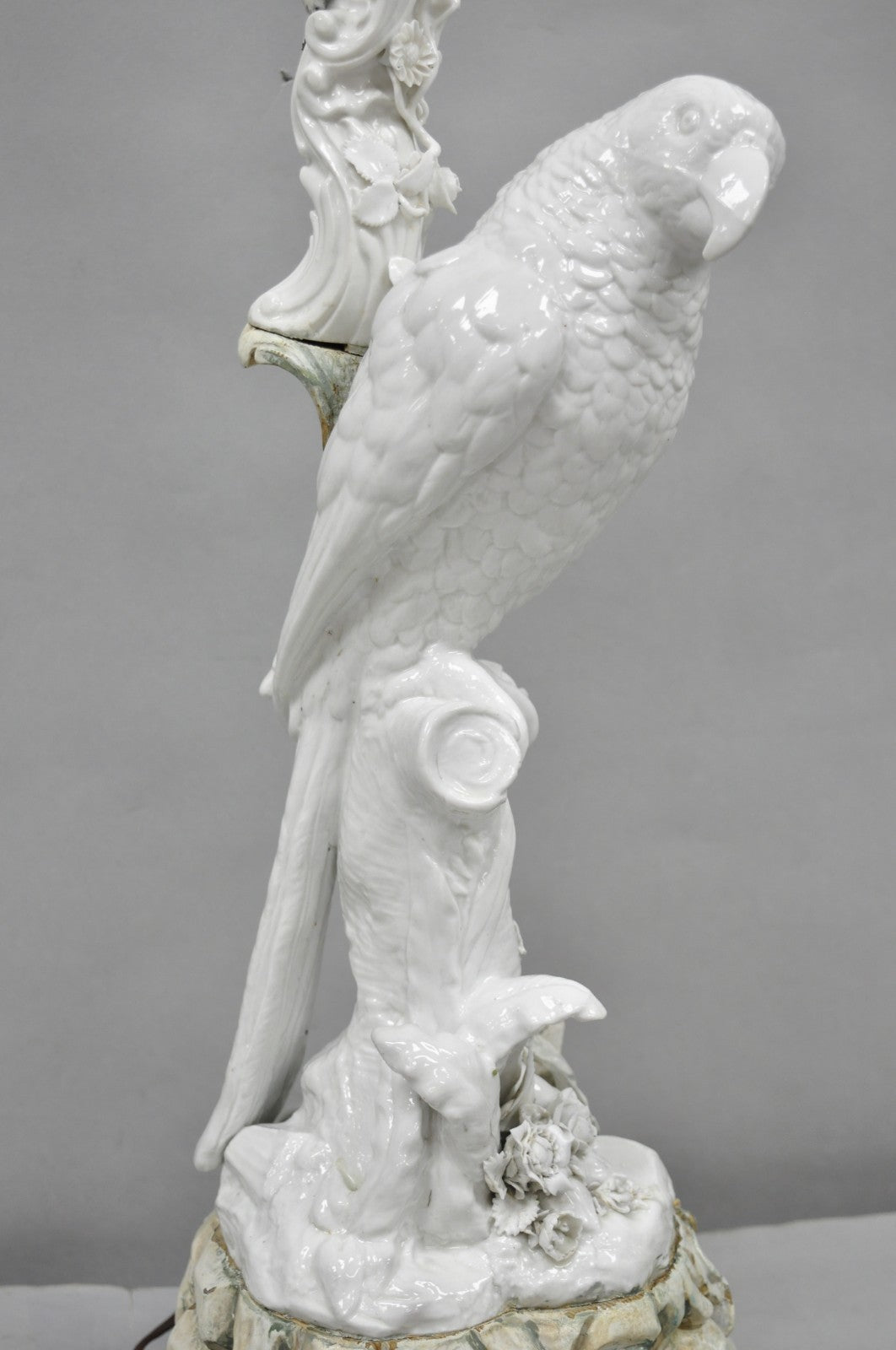 Antique Italian Blanc de Chine White Porcelain Perched Parrot Bird Table Lamp