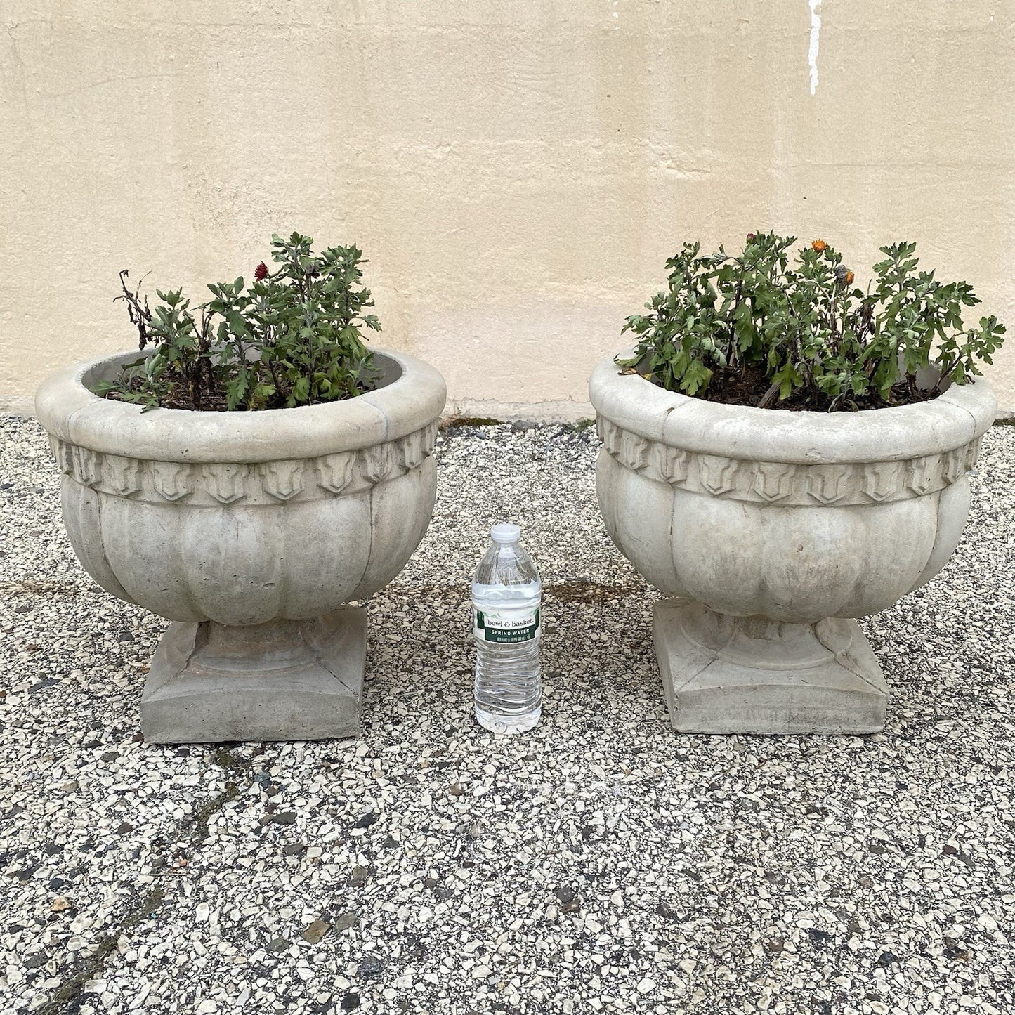 Vintage Cast Concrete Stone 15" Round Cement Urn Garden Planter Pot - a Pair