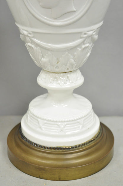 Antique Italian Neoclassical Greco Roman White Porcelain Urn Table Lamps - Pair