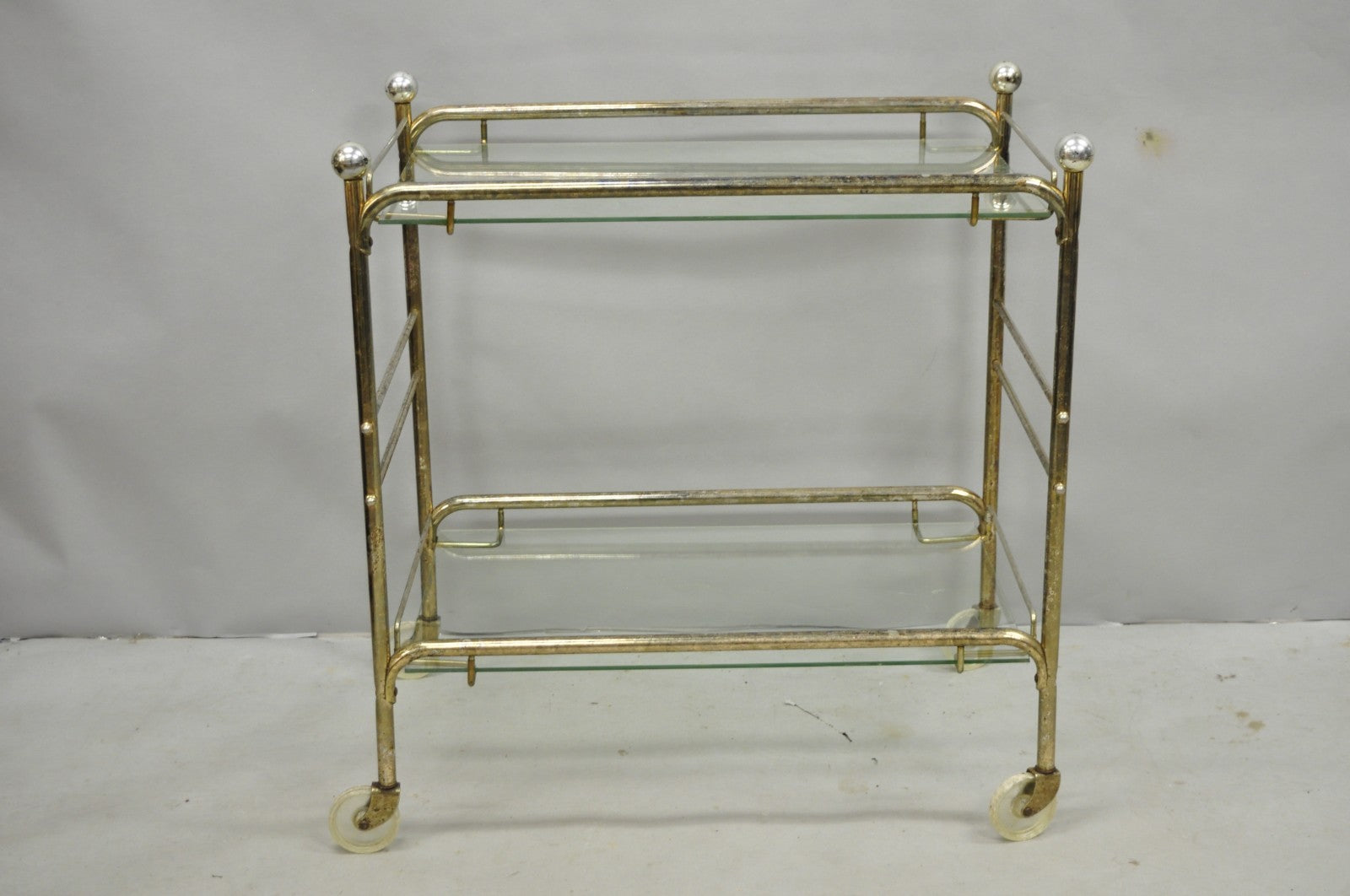 Vintage Mid Century Modern Metal 2 Tier Glass Shelf Rolling Liquor Bar Cart