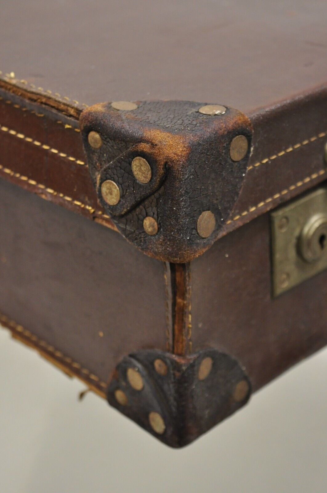 Antique Art Deco Brown Leather English 25" Luggage Travel Suitcase