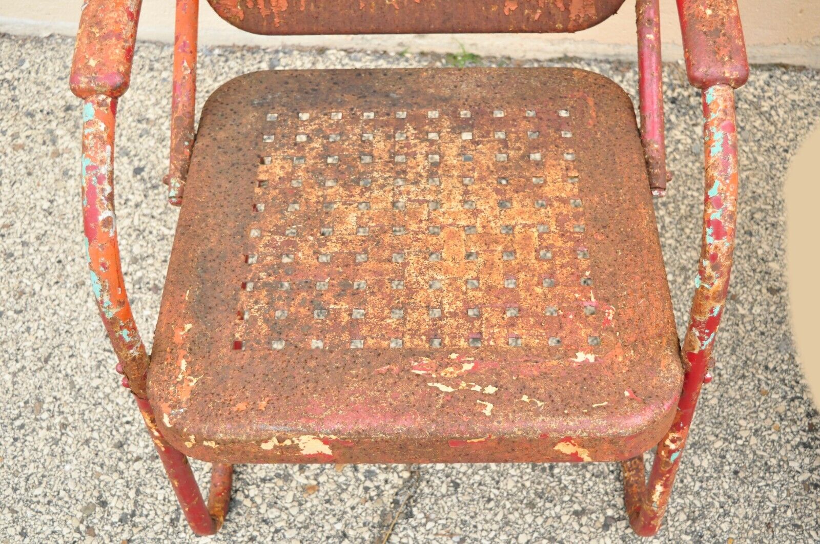 Antique Art Deco Basketweave Red Distress Paint Bouncer Garden Chairs - a Pair
