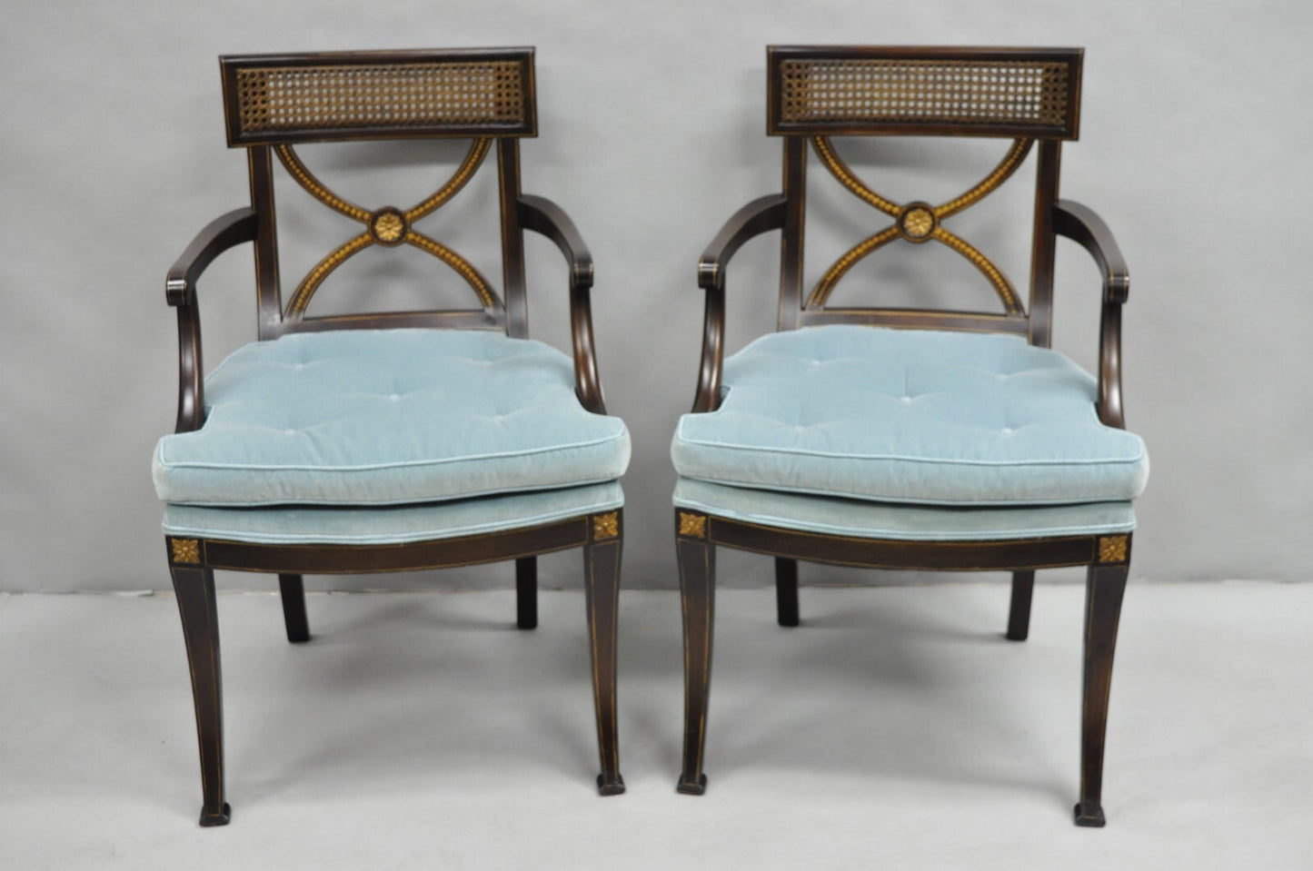 Vintage English Regency Style Mahogany Saber Leg Cane Back Arm Chairs - a Pair