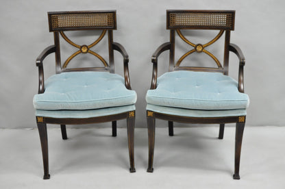 Vintage English Regency Style Mahogany Saber Leg Cane Back Arm Chairs - a Pair