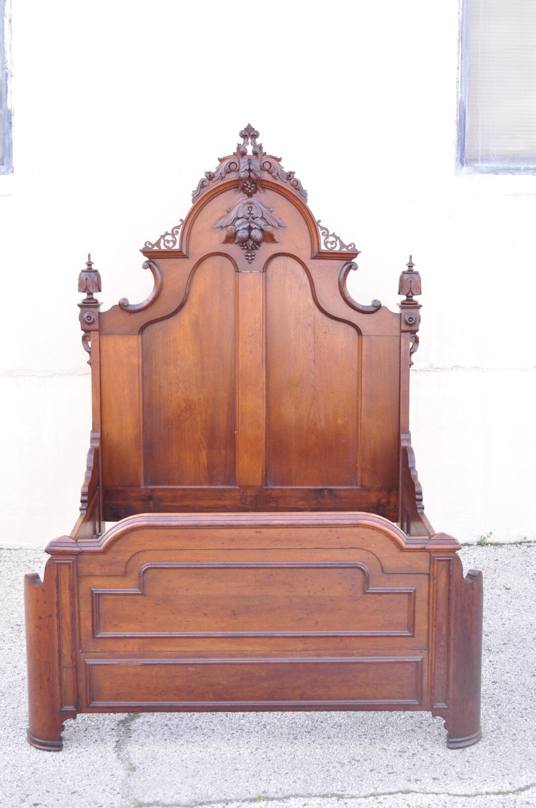 Antique Eastlake Victorian Stately Carved Walnut Highback Full Size Bed Frame