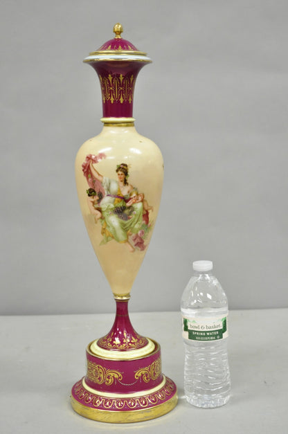 Antique Royal Vienna Austrian Porcelain 21" Hand Painted Red Urn Vase with Lid