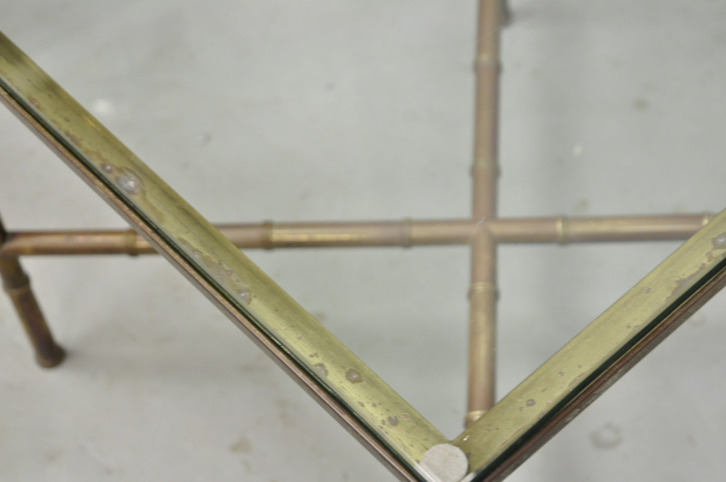 Vintage Hollywood Regency Brass Faux Bamboo Square Glass Top Low Side Table