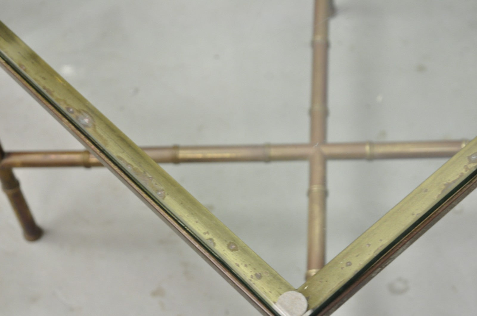 Vintage Hollywood Regency Brass Faux Bamboo Square Glass Top Low Side Table