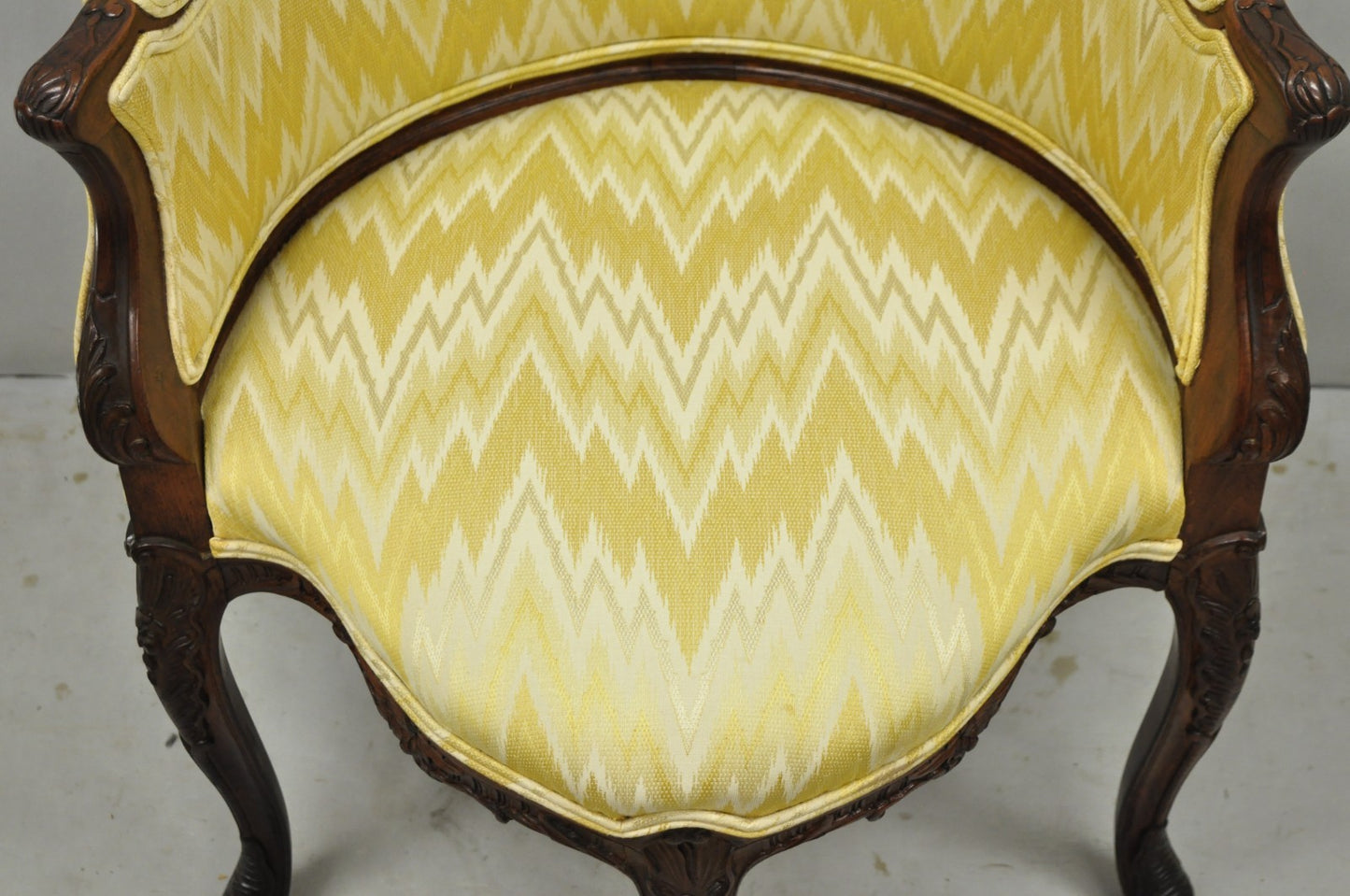 Antique French Louis XV Style Carved Walnut Yellow Fabric Boudoir Lounge Chair