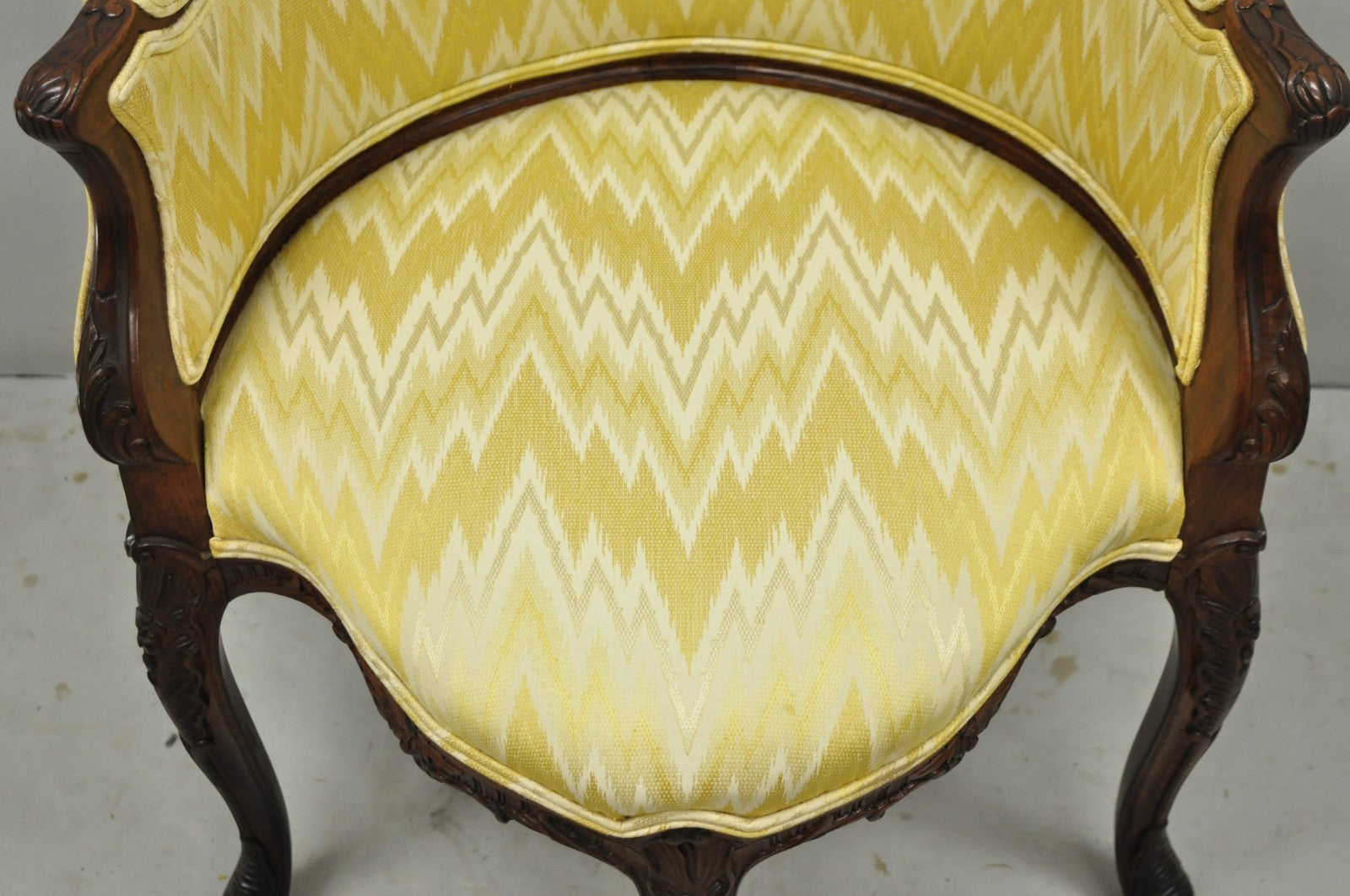 Antique French Louis XV Style Carved Walnut Yellow Fabric Boudoir Lounge Chair