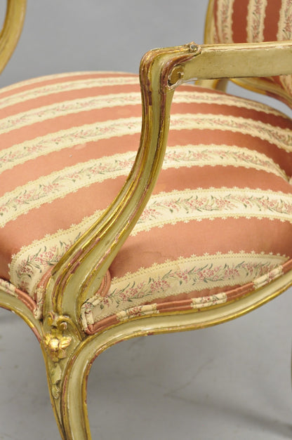 Antique French Louis XV Style Gold Giltwood Pink Stripe Fauteuil Arm Chair, Pair