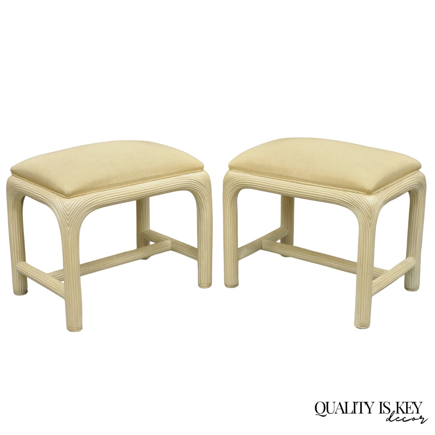 Vintage Hollywood Regency Rattan Pencil Reed Stools by American Drew - a Pair