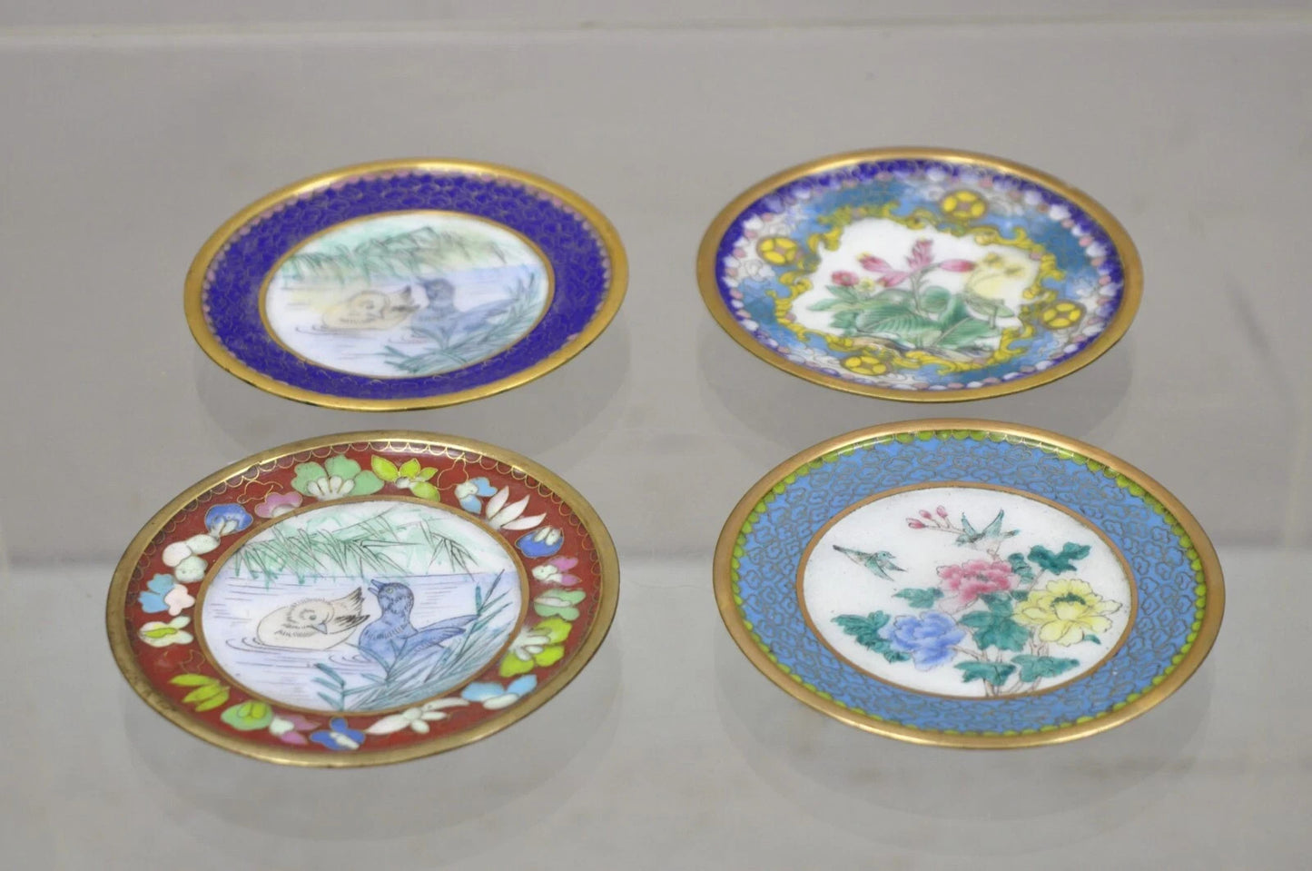 Vintage Chinoiserie Brass Enamel Cloisonne Small Trinket Dish - Set of 4