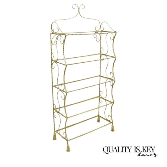 Italian Hollywood Regency Iron Rope Tassel Silver Gold 5 Tier Etagere Bookcase