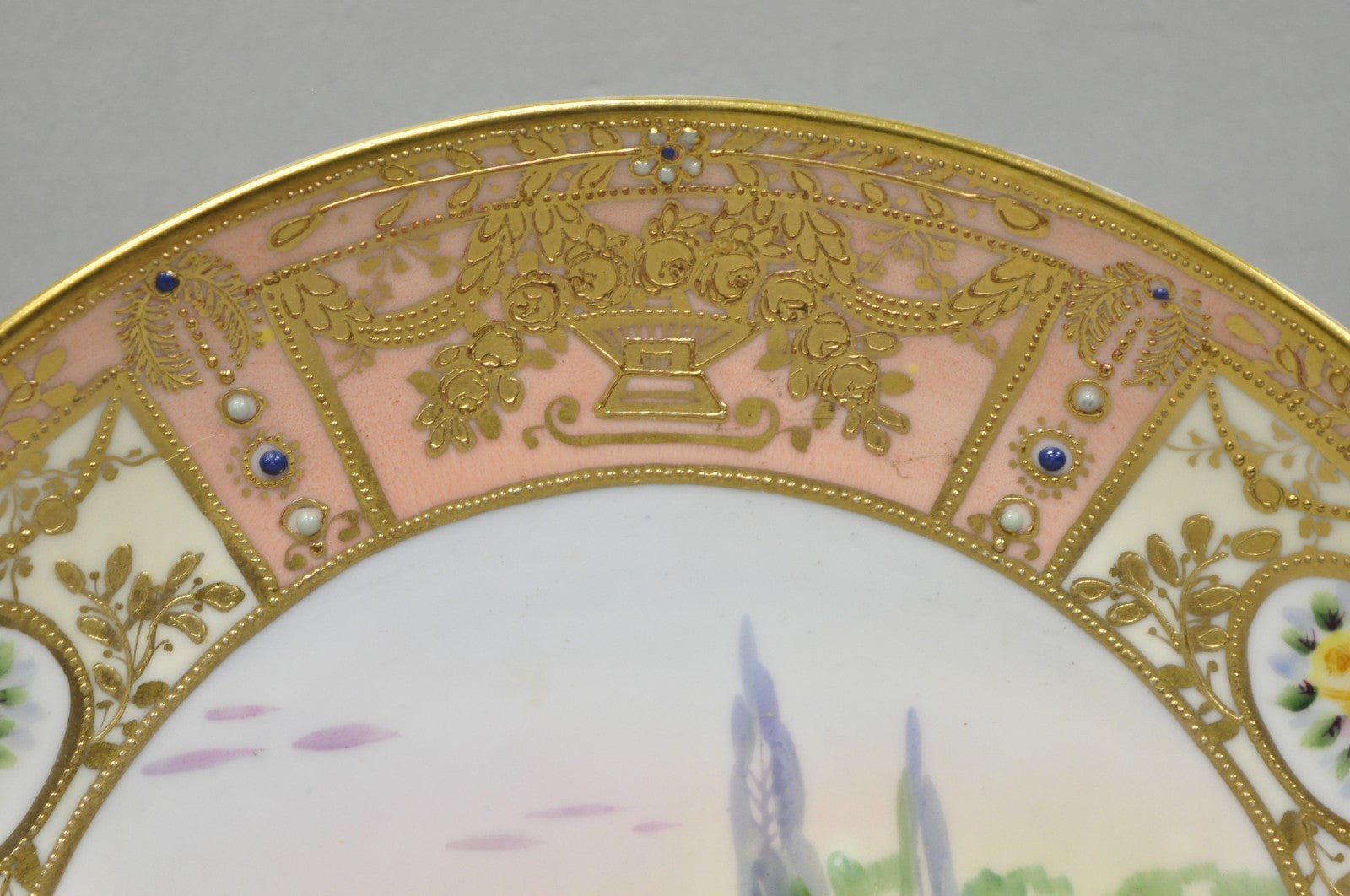 Antique Nippon Hand Painted Porcelain Gold Gilt Swan & Lake Scene Cabinet Plate