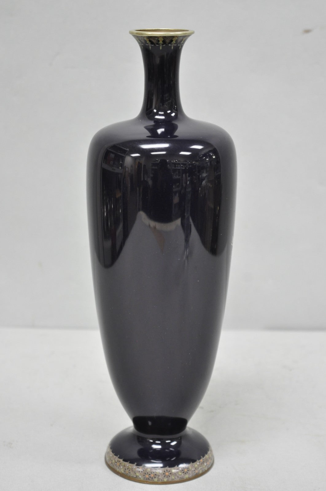 Meiji Period Japanese Cloisonne Enamel Dark Blue Daisy & Butterfly Tall Urn Vase
