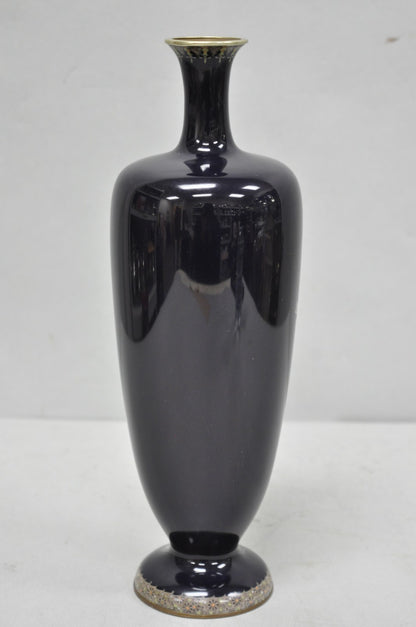 Meiji Period Japanese Cloisonne Enamel Dark Blue Daisy & Butterfly Tall Urn Vase