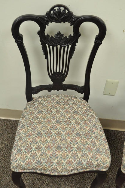 Antique Victorian Carved Mahogany Lyre Back Small Accent Side Chairs - a Pair