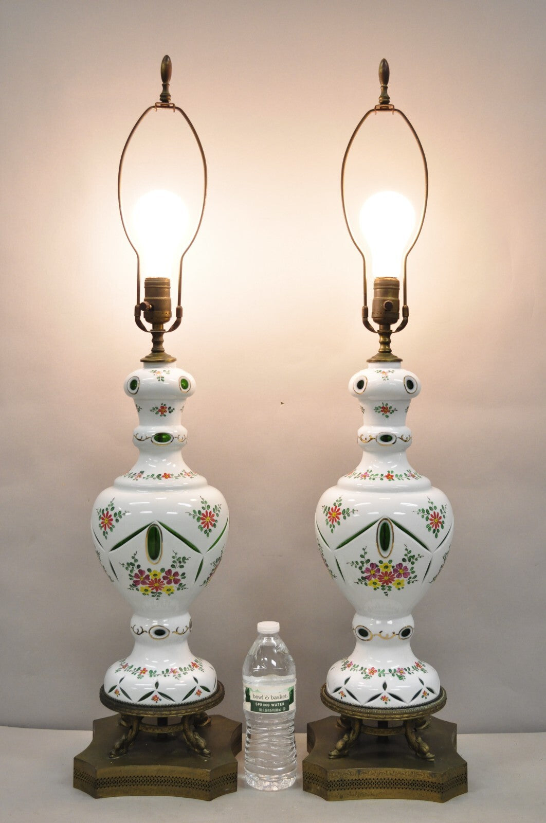 Antique Bohemian Czech Cut to Clear Glass Green and White Table Lamps - a Pair