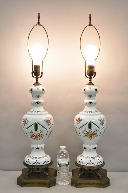 Antique Bohemian Czech Cut to Clear Glass Green and White Table Lamps - a Pair