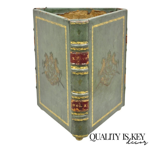 Vintage Italian Regency Green Leather Triangular Book Form Wastebasket Trash Can