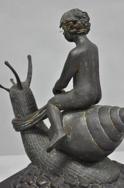 Vintage Mythical Bronze Cherub Riding Snail Sculpture Figure attr Maitland Smith