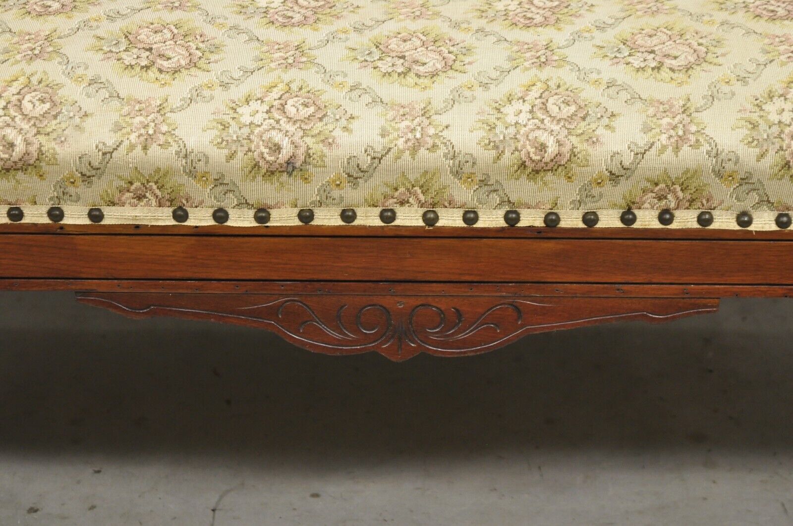Antique Eastlake Victorian Carved Walnut Floral Upholstered Parlor Sofa Loveseat