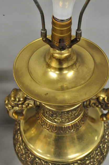 Vintage Brass Chinese Jardinière Elephant Handle Oriental Table Lamps - a Pair