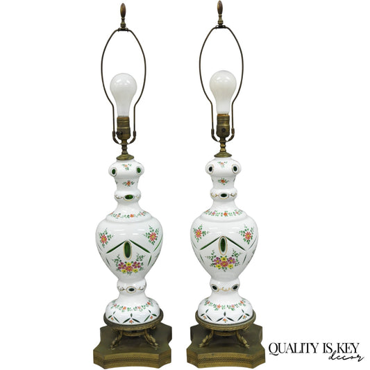 Antique Bohemian Czech Cut to Clear Glass Green and White Table Lamps - a Pair
