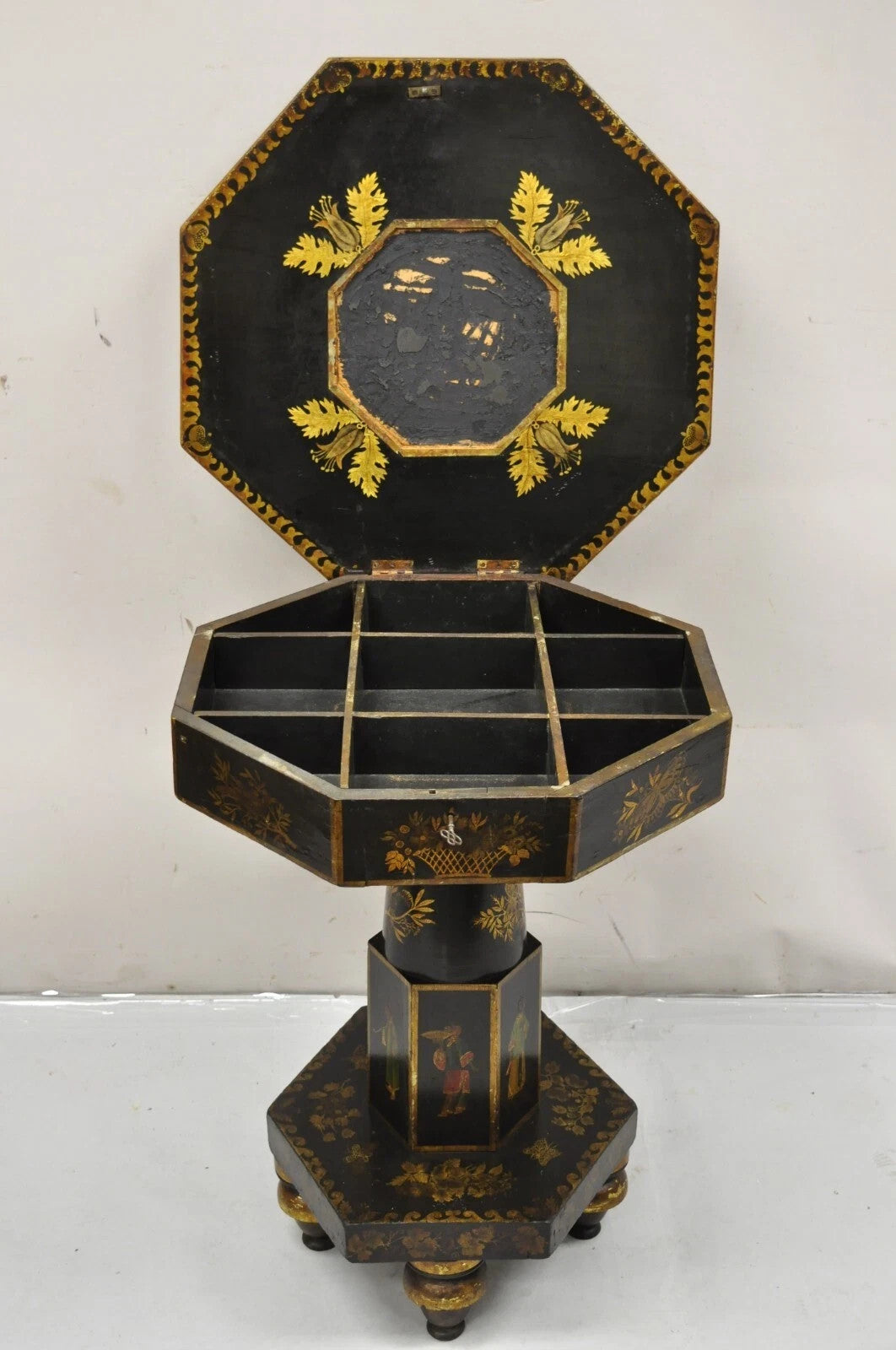 Antique Chinoiserie Hand Painted Pedestal Base Oriental Sewing Stand Side Table