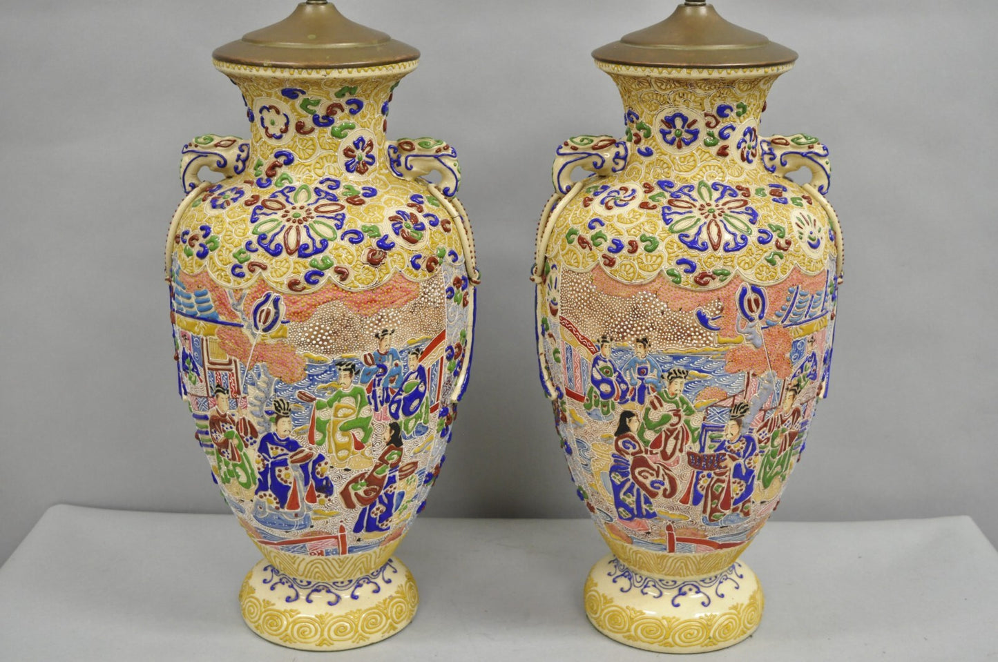 Antique Chinese Porcelain Painted Applied Scene Satsuma Vase Table Lamps - Pair