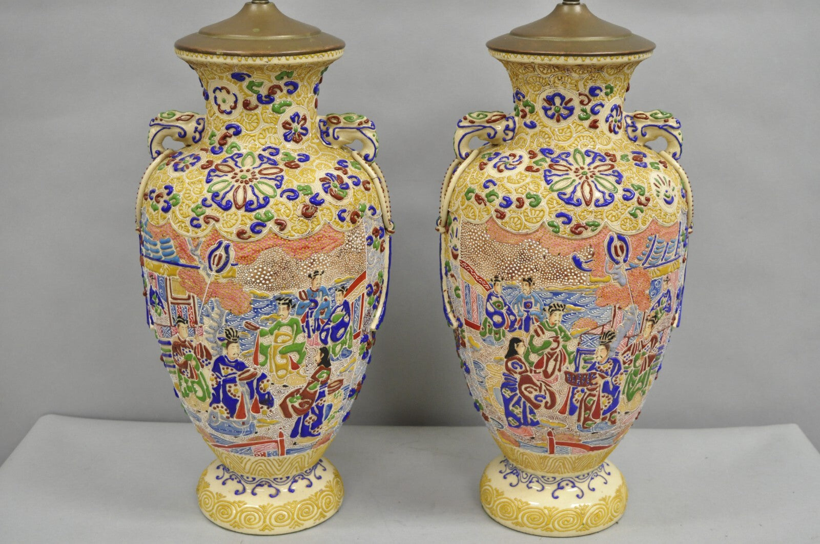 Antique Chinese Porcelain Painted Applied Scene Satsuma Vase Table Lamps - Pair