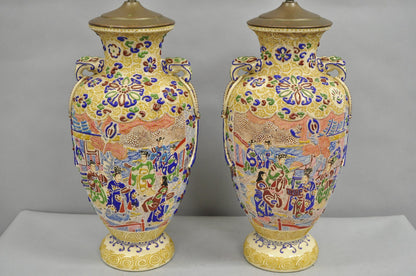 Antique Chinese Porcelain Painted Applied Scene Satsuma Vase Table Lamps - Pair