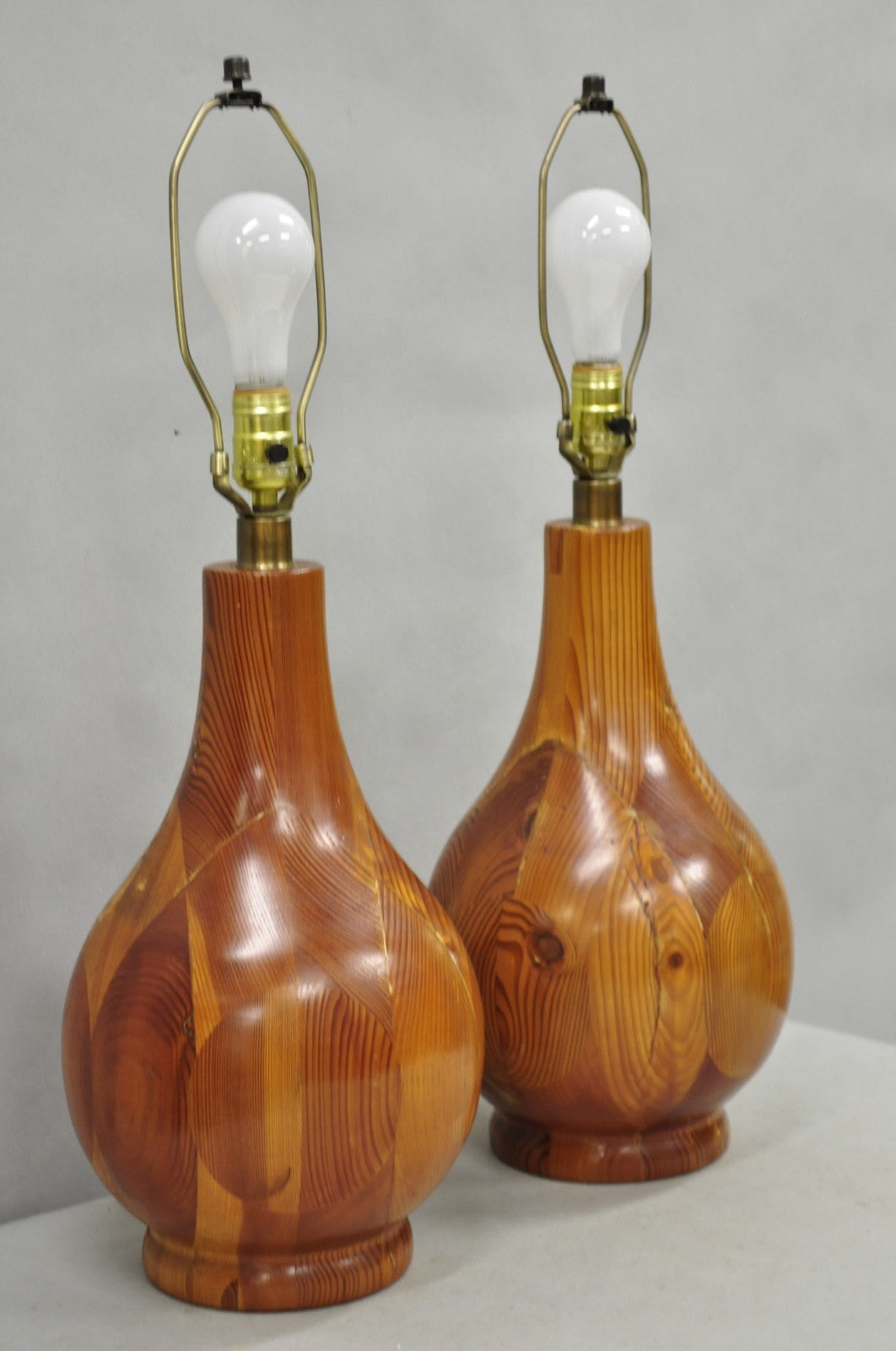 Vintage Mid Century Modern Bulbous Sculpted Swedish Pine Wood Table Lamps, Pair