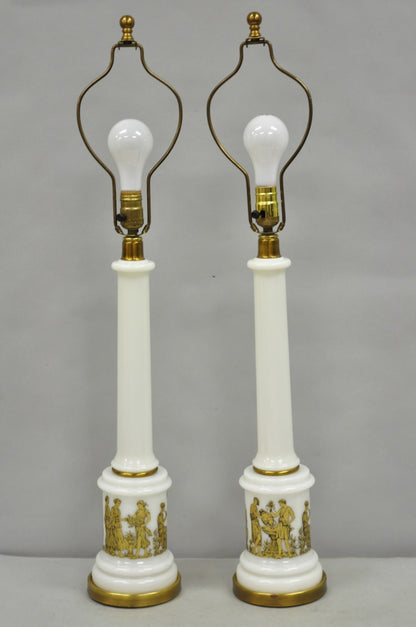 Vintage Italian Neoclassical White Milk Glass Empire Column Table Lamps - a Pair