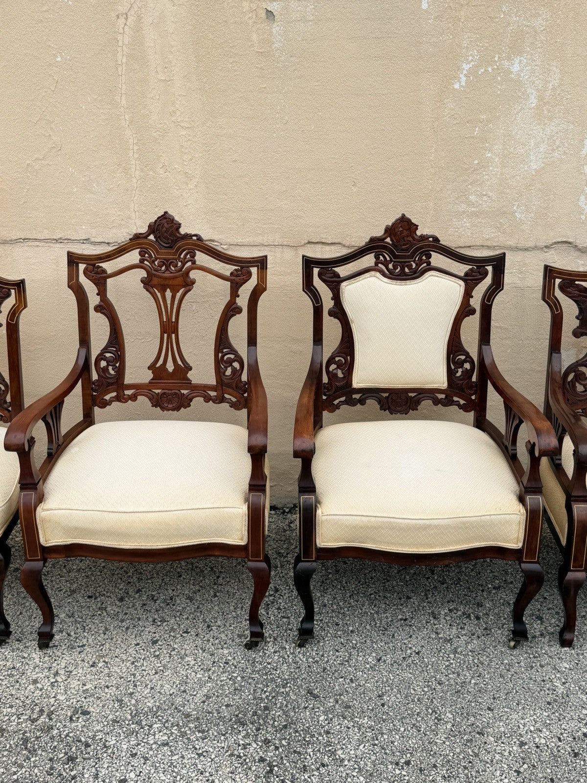 Antique Victorian Carved Mahogany Inlaid Parlor Set Sofa and 4 Chairs - 5 Pcs