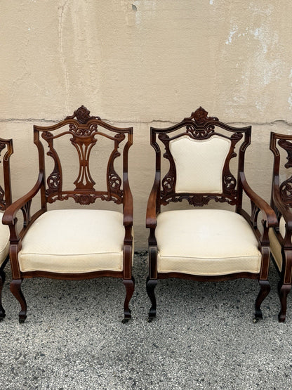 Antique Victorian Carved Mahogany Inlaid Parlor Set Sofa and 4 Chairs - 5 Pcs