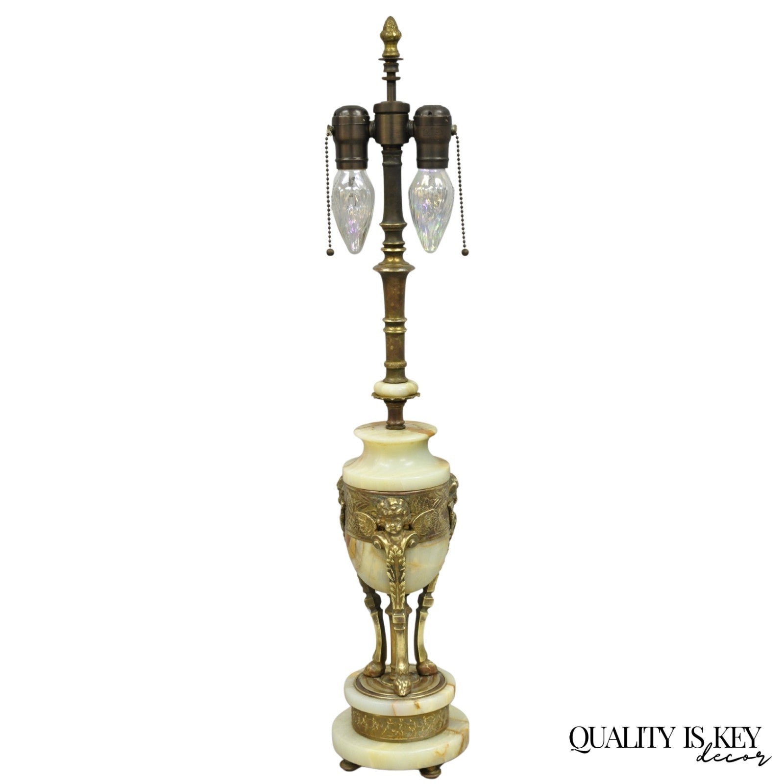 Antique French Neoclassical Louis XV Onyx Urn Figural Bronze Cherub Table Lamp
