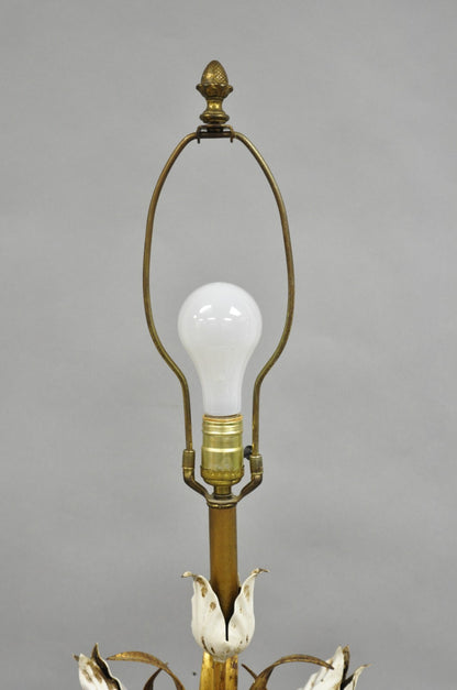 Vintage Italian Hollywood Regency Gold Gilt Iron White Tulip Flower Table Lamp