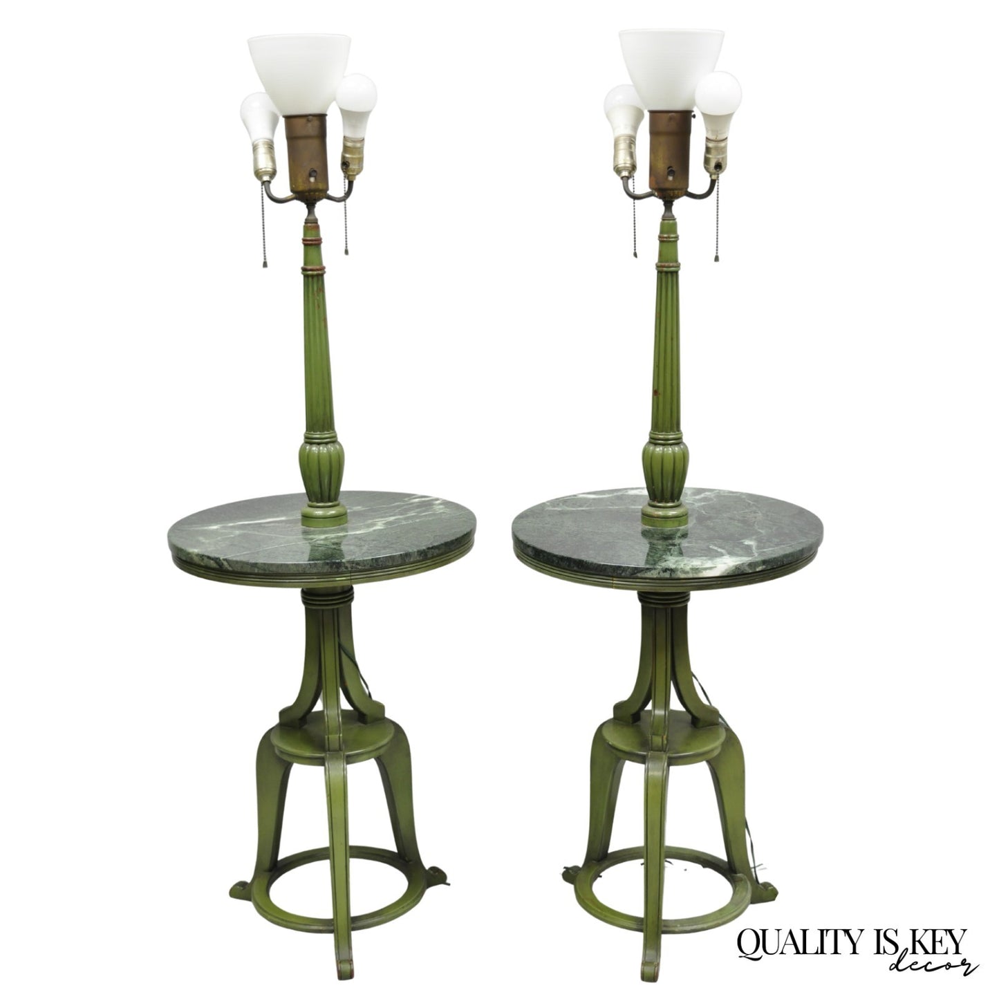 Hollywood Regency Tommi Parzinger Style Green Marble End Table Floor Lamp - Pair