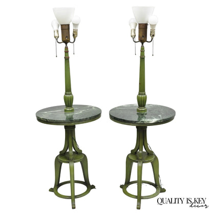 Hollywood Regency Tommi Parzinger Style Green Marble End Table Floor Lamp - Pair