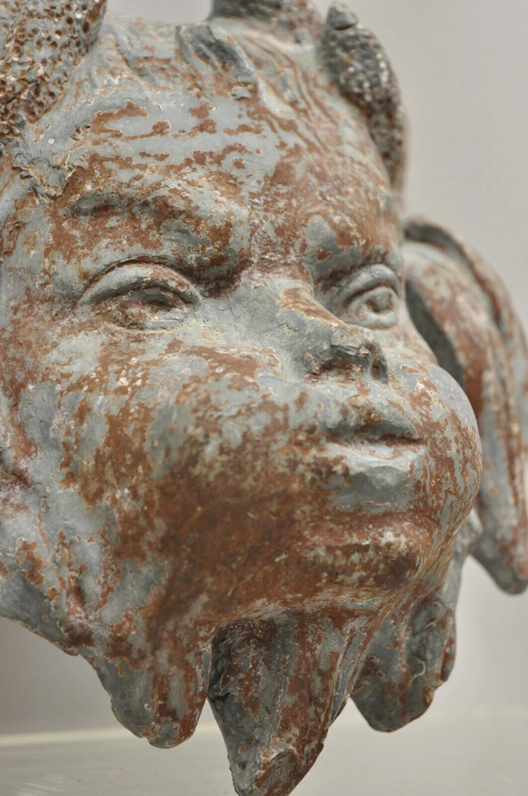 Antique French Neoclassical Small Lead Cherub Head Wall Fountain Garden Art